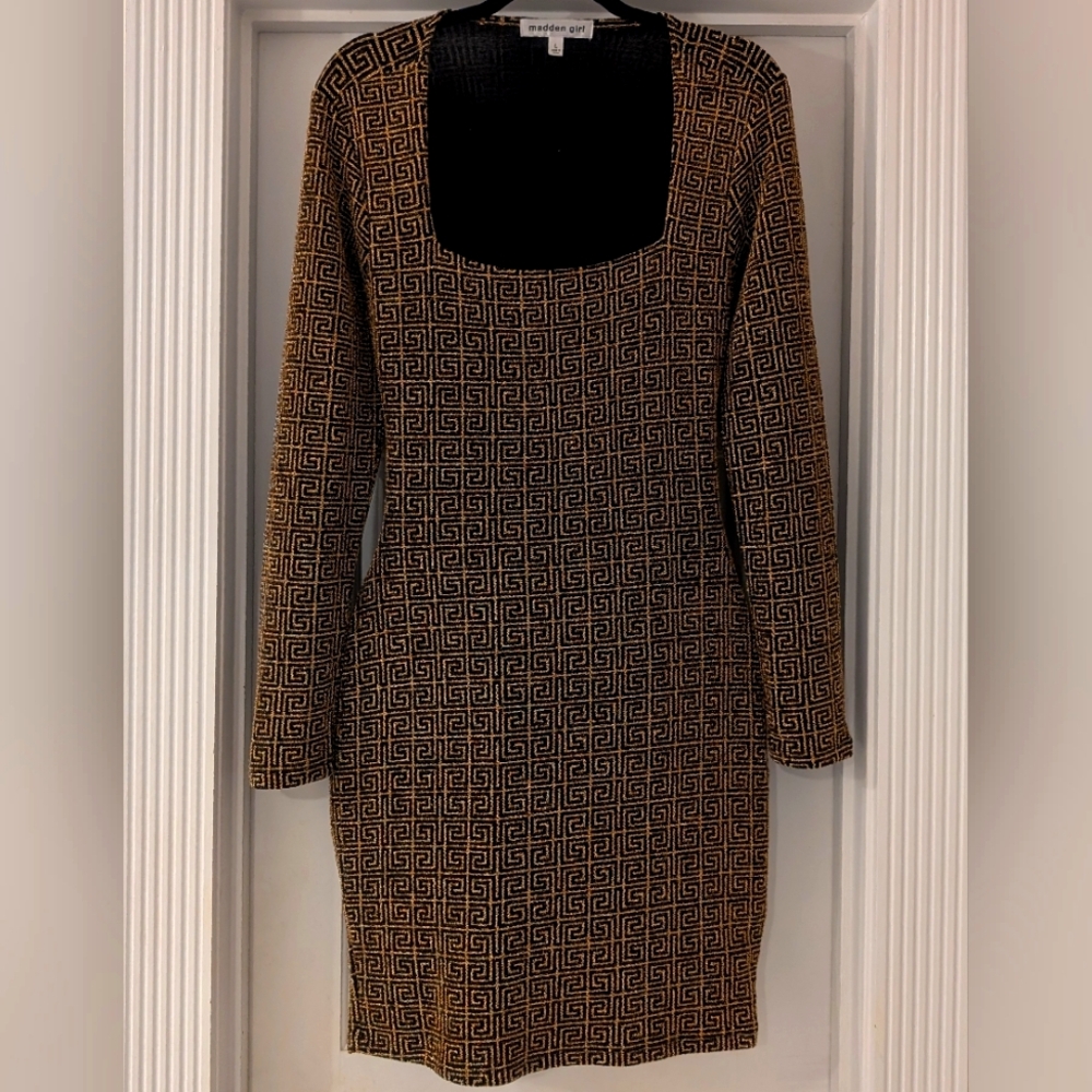 Golden Art Deco Cocktail Dress with Low Scooped Keyhole Back